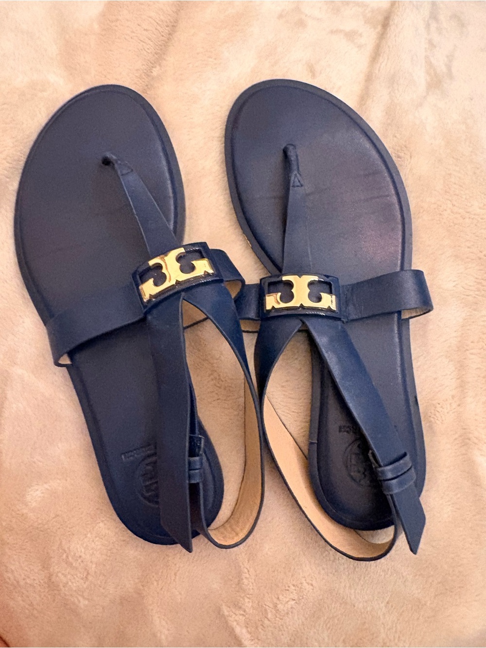 Tory Burch Navy Leather Logo Toe-Loop Slingback Sandals